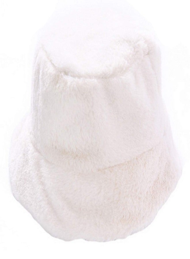 Brcus Women Winter Plush Bucket Hat Warm Solid Color Faux Fur Fisherman Cap White - Image 2